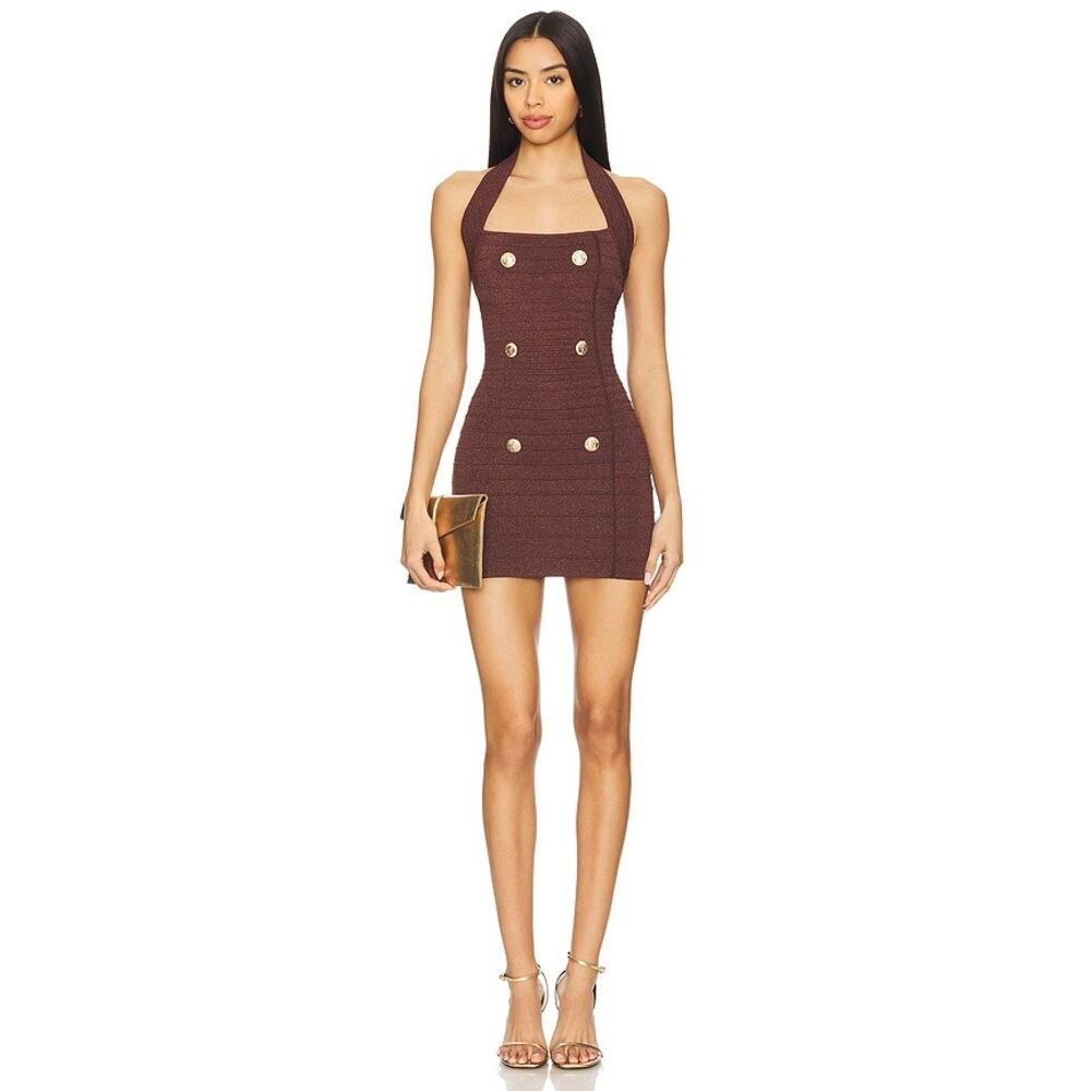 RETROFETE Womens Strickkleid Harlynn Strap Detail Mini Dress Metallic Pecan Sz S